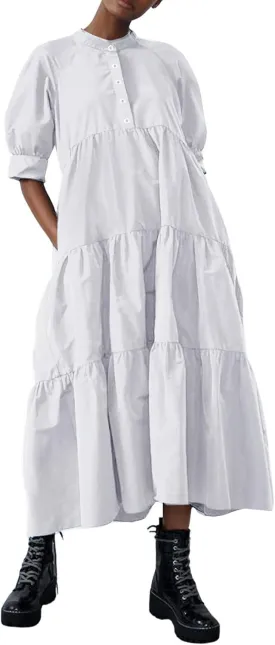 chouyatou Women's Summer Puff Sleeve Maxi Tiered Babydoll Dress Casual A-Line Swing Long Shirt Dress