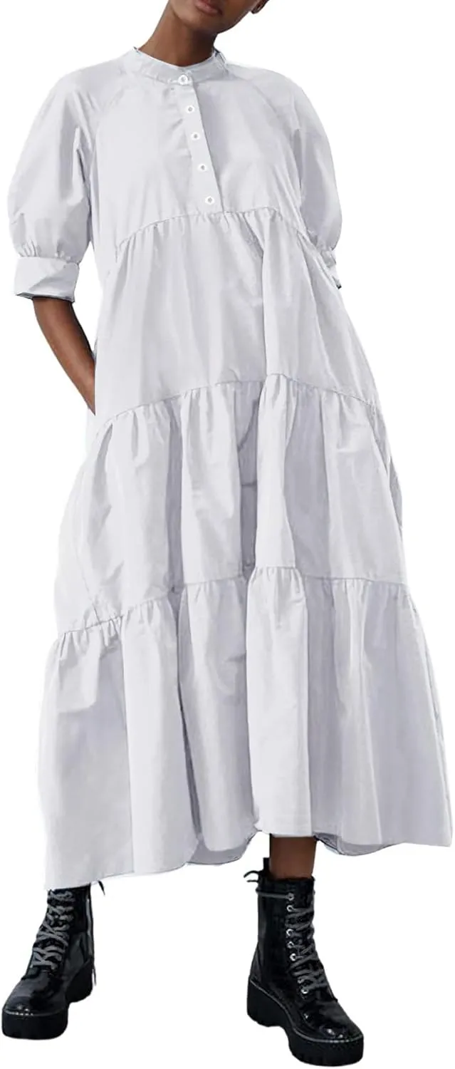 chouyatou Women's Summer Puff Sleeve Maxi Tiered Babydoll Dress Casual A-Line Swing Long Shirt Dress