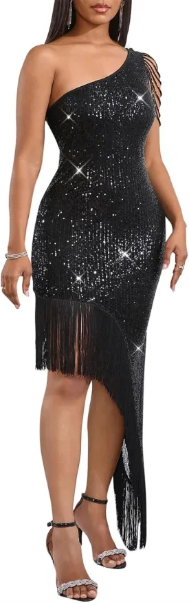 Cololura Women Sequin Elegant Sexy Tassels One Shoulder Mermaid Bodycon Cocktail Evening Midi Party Formal Dress