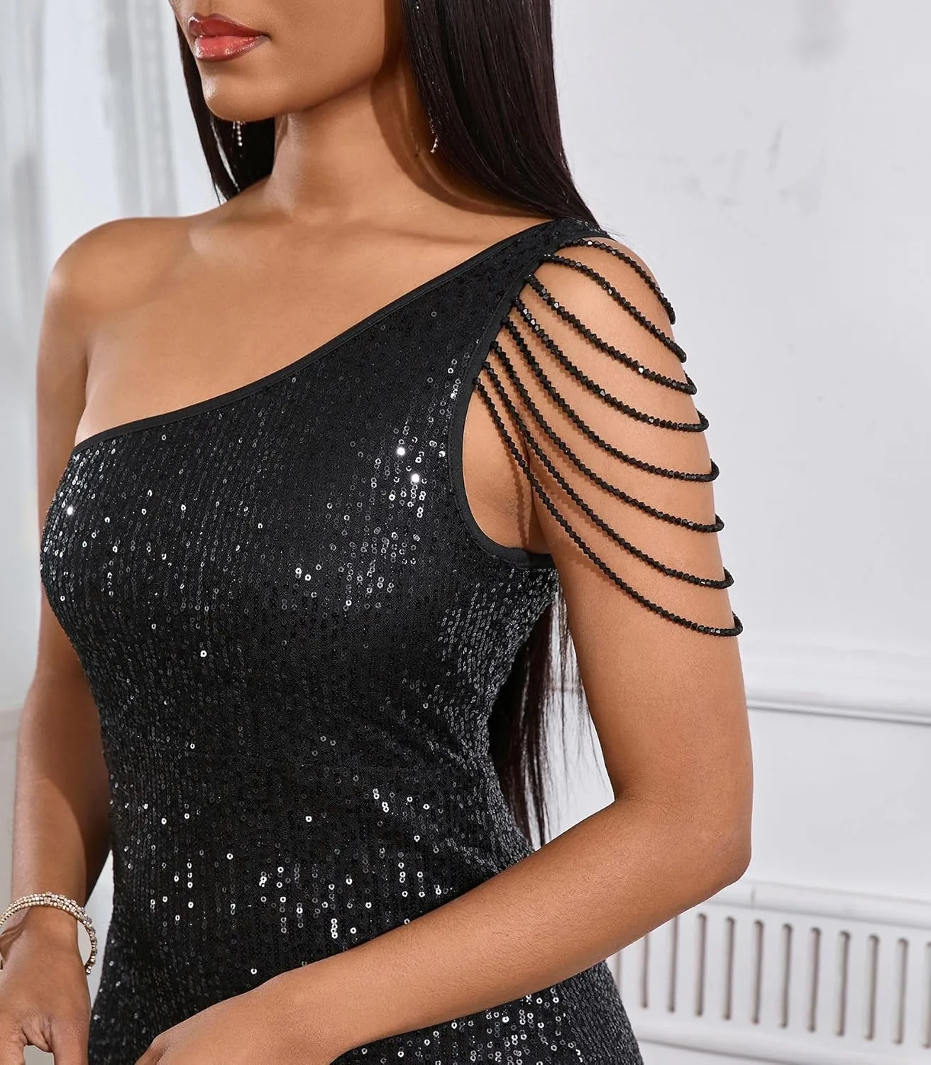 Cololura Women Sequin Elegant Sexy Tassels One Shoulder Mermaid Bodycon Cocktail Evening Midi Party Formal Dress
