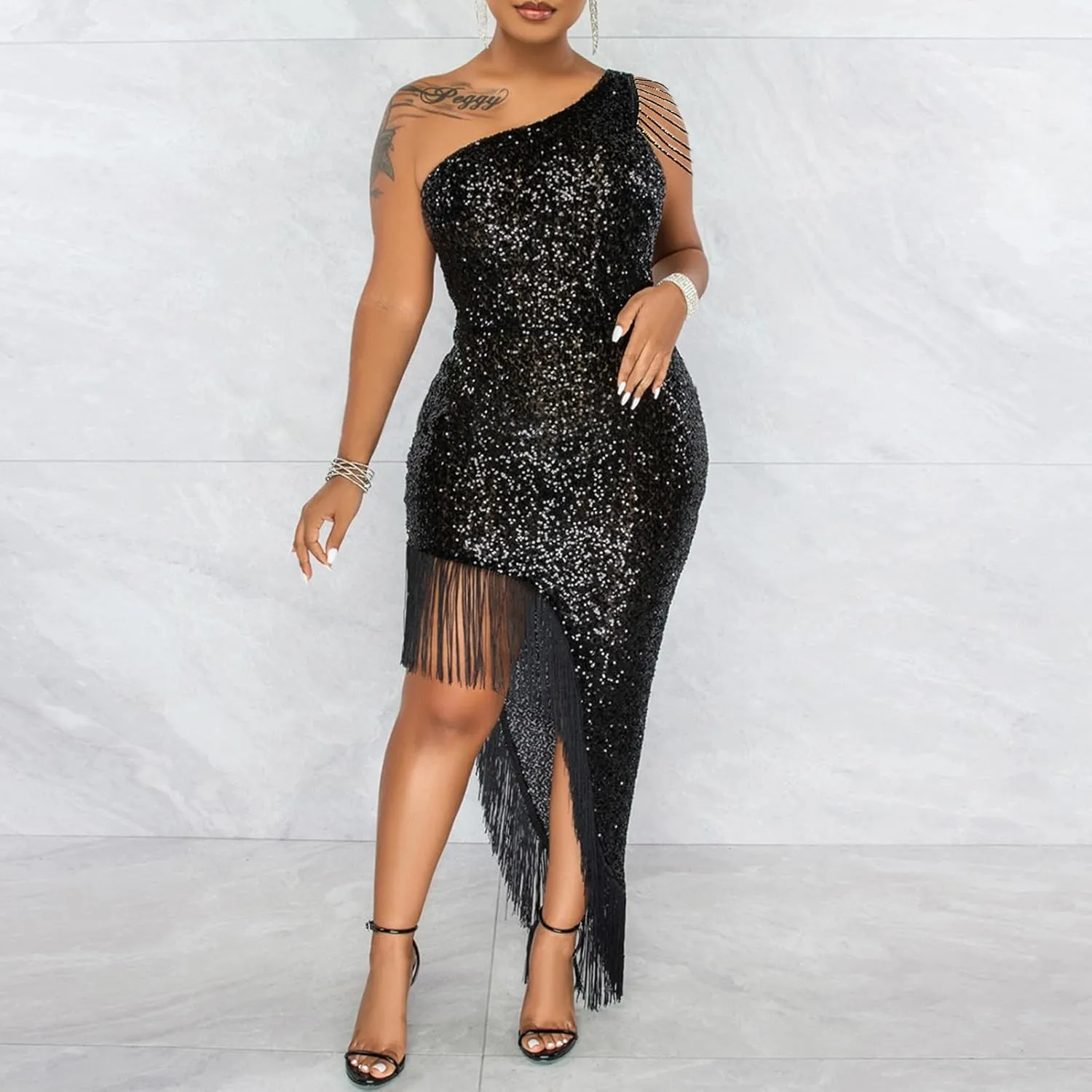 Cololura Women Sequin Elegant Sexy Tassels One Shoulder Mermaid Bodycon Cocktail Evening Midi Party Formal Dress