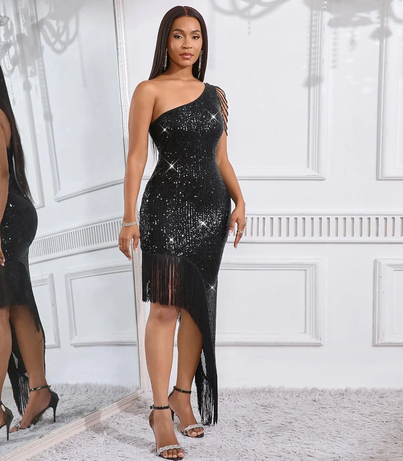 Cololura Women Sequin Elegant Sexy Tassels One Shoulder Mermaid Bodycon Cocktail Evening Midi Party Formal Dress