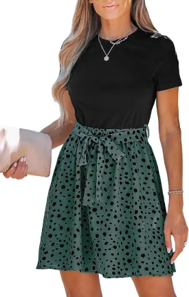 CUPSHE Women's Floral Paisley Mini Beach Dress Crew Neck Short Sleeve Belted Tie A Line Stripe Mini Summer Dresses