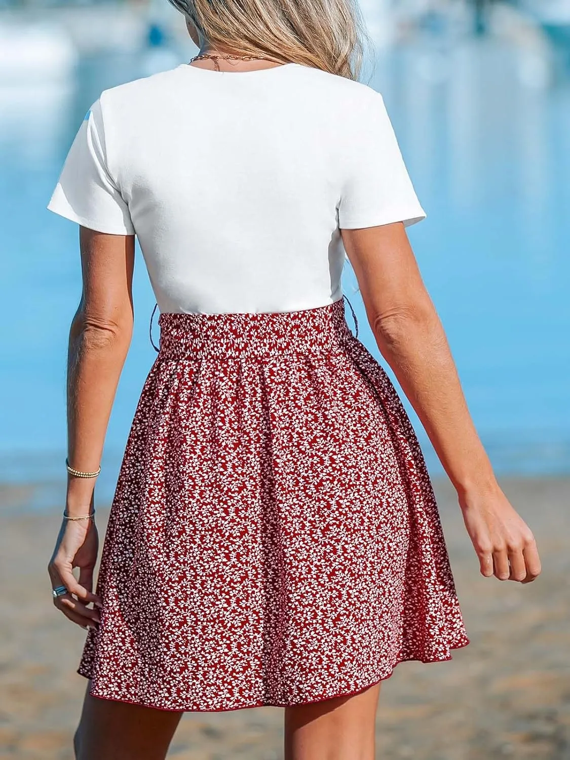 CUPSHE Women's Floral Paisley Mini Beach Dress Crew Neck Short Sleeve Belted Tie A Line Stripe Mini Summer Dresses