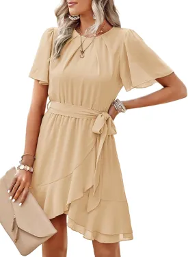 Dokotoo Womens Summer Dresses 2025 Crewneck Short Sleeve Waist Tie Ruffle Casual Chiffon A-Line Swing Mini Dress