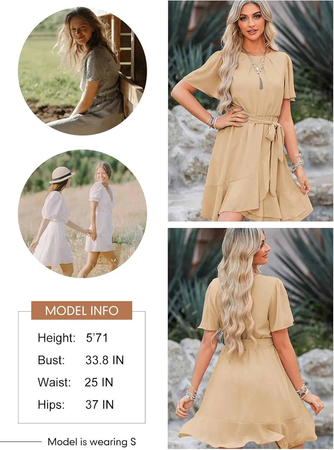 Dokotoo Womens Summer Dresses 2025 Crewneck Short Sleeve Waist Tie Ruffle Casual Chiffon A-Line Swing Mini Dress