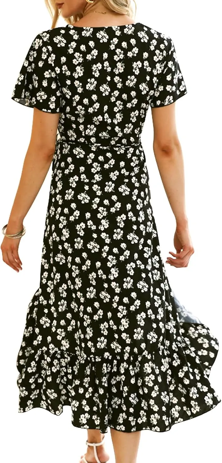 DREAM SLIM Womens Summer Bohemian Floral Maxi Dress V Neck Belted Wrap Ruffle Hem Beach Partytropical Swing Dresses