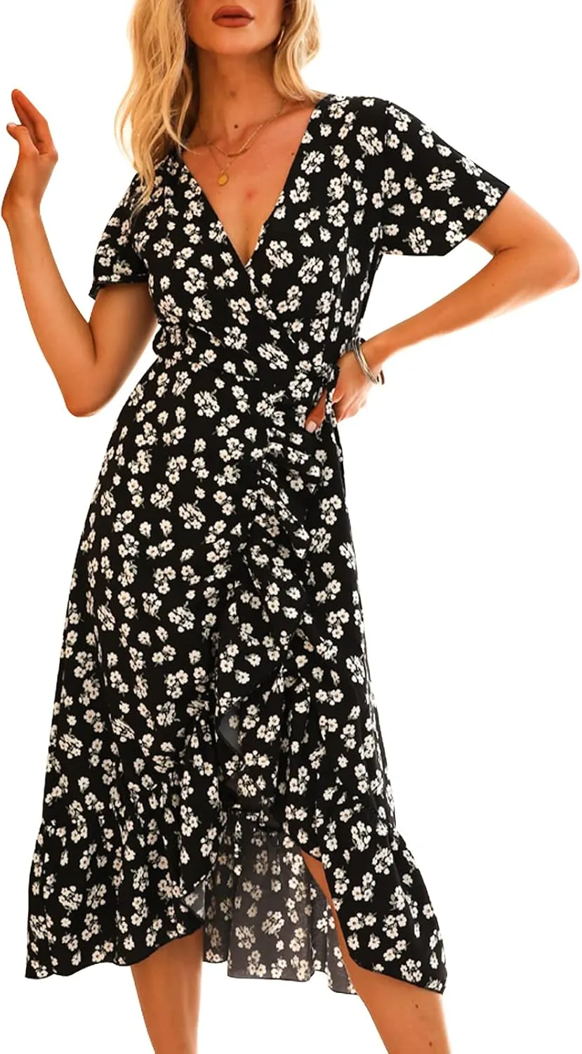 DREAM SLIM Womens Summer Bohemian Floral Maxi Dress V Neck Belted Wrap Ruffle Hem Beach Partytropical Swing Dresses