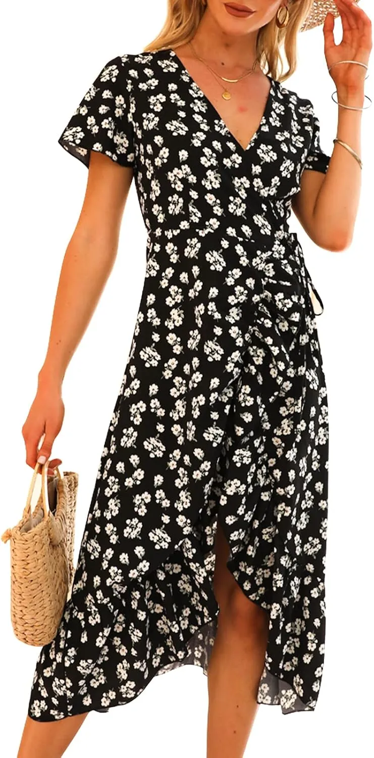 DREAM SLIM Womens Summer Bohemian Floral Maxi Dress V Neck Belted Wrap Ruffle Hem Beach Partytropical Swing Dresses