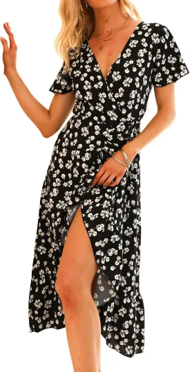 DREAM SLIM Womens Summer Bohemian Floral Maxi Dress V Neck Belted Wrap Ruffle Hem Beach Partytropical Swing Dresses