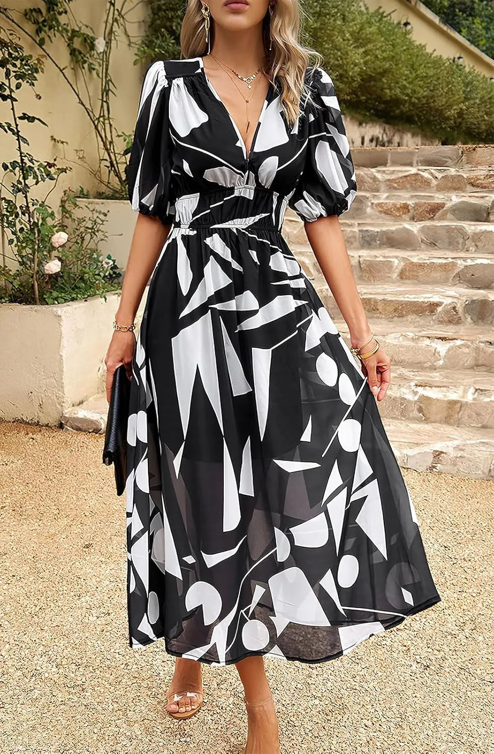 ebossy Women's Boho Floral Print Chiffon Dress Short Sleeve V Neck Girdle Waist Beach Maxi Long Dresses