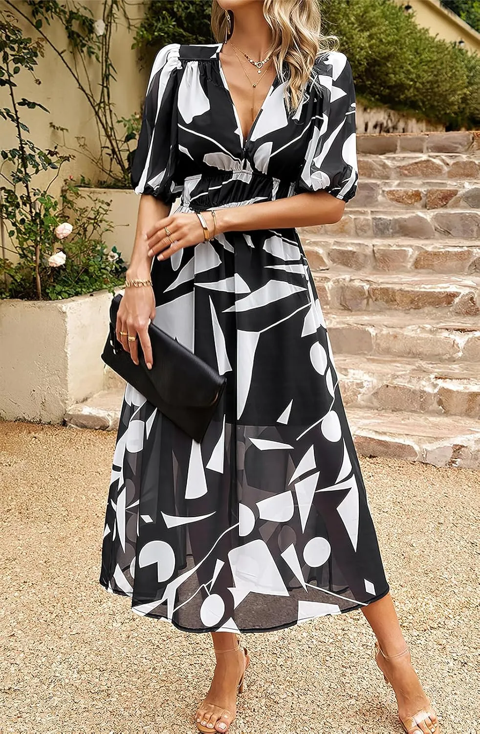 ebossy Women's Boho Floral Print Chiffon Dress Short Sleeve V Neck Girdle Waist Beach Maxi Long Dresses