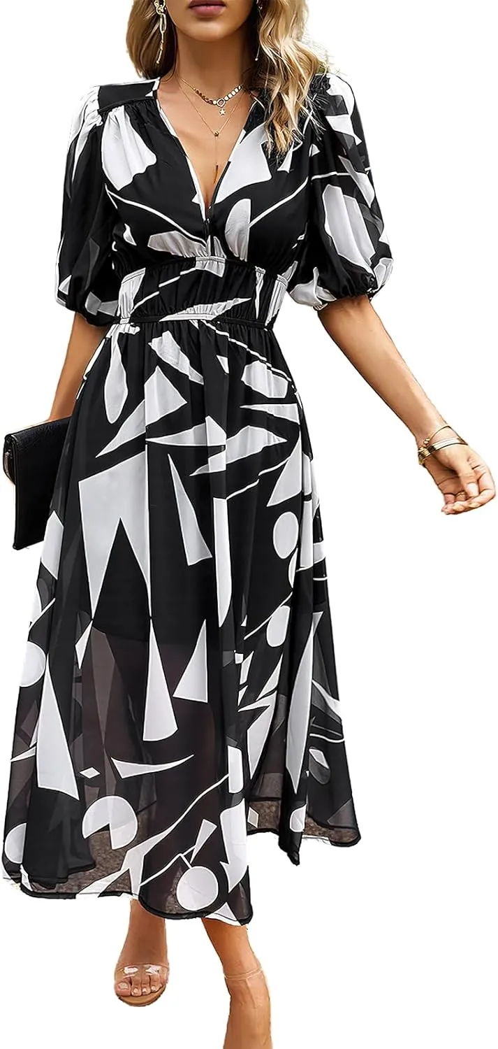 ebossy Women's Boho Floral Print Chiffon Dress Short Sleeve V Neck Girdle Waist Beach Maxi Long Dresses