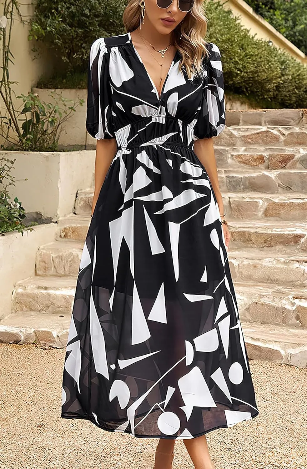 ebossy Women's Boho Floral Print Chiffon Dress Short Sleeve V Neck Girdle Waist Beach Maxi Long Dresses