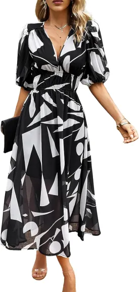 ebossy Women's Boho Floral Print Chiffon Dress Short Sleeve V Neck Girdle Waist Beach Maxi Long Dresses