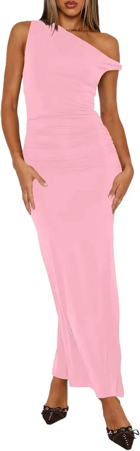 Ekaliy Women's Sexy Ruched Bodycon Dress Sleeveless Off Shoulder Slit Cocktail Maxi Dresses