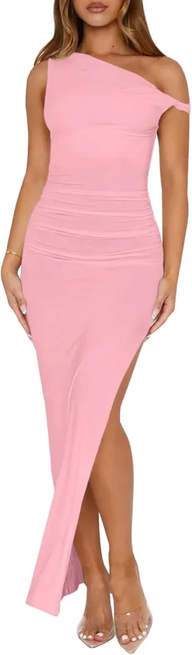Ekaliy Women's Sexy Ruched Bodycon Dress Sleeveless Off Shoulder Slit Cocktail Maxi Dresses