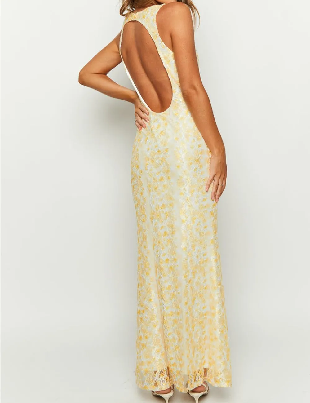 Elegant Lace Floral V Neck Backless Bodycon Dresses for Women Sexy Cut Out Low Back Sleeveless Maxi Dress Wedding Guest