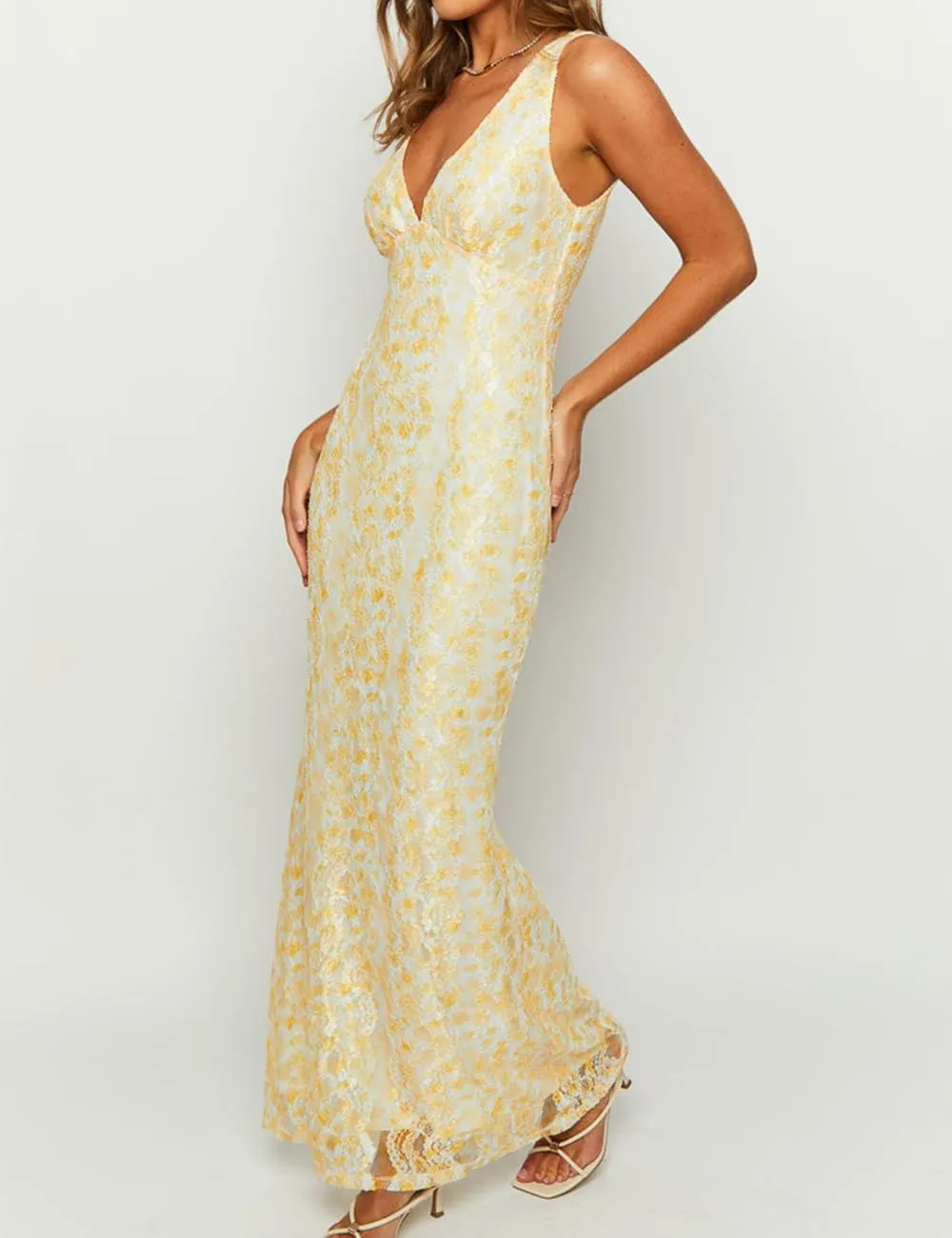 Elegant Lace Floral V Neck Backless Bodycon Dresses for Women Sexy Cut Out Low Back Sleeveless Maxi Dress Wedding Guest