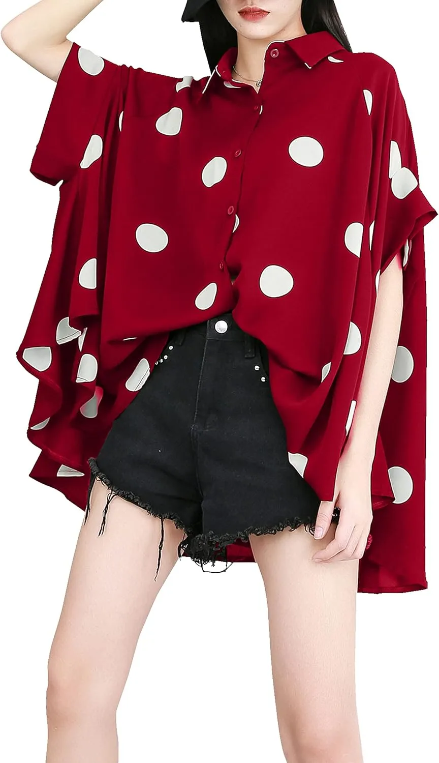 ellazhu Women's Batwing Sleeve Polka Dot Printed Button Down Blouse Oversized Shirt Top for Summer GY1903