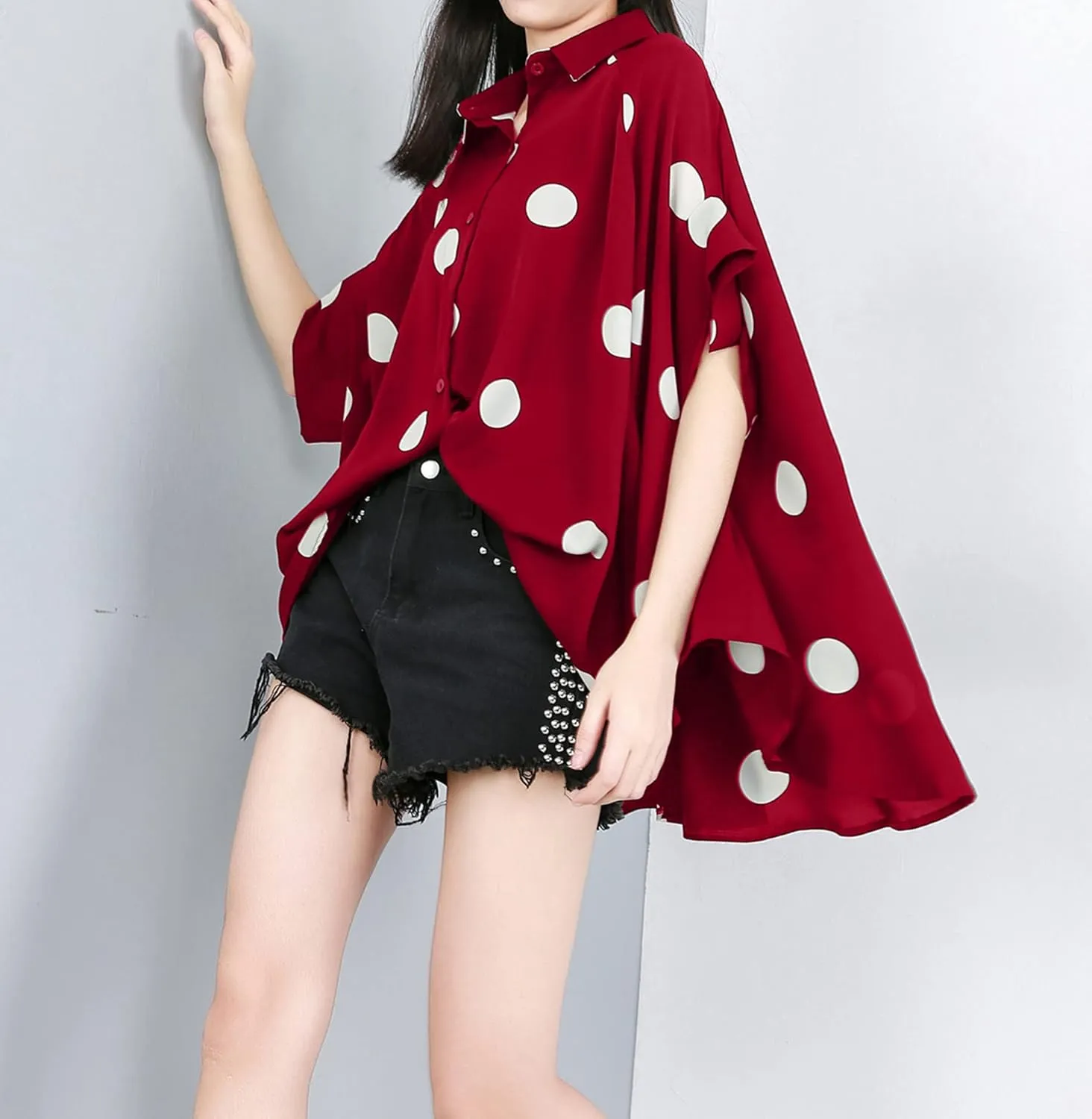 ellazhu Women's Batwing Sleeve Polka Dot Printed Button Down Blouse Oversized Shirt Top for Summer GY1903
