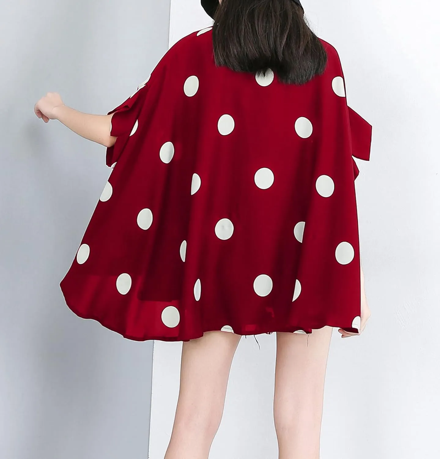 ellazhu Women's Batwing Sleeve Polka Dot Printed Button Down Blouse Oversized Shirt Top for Summer GY1903