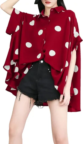 ellazhu Women's Batwing Sleeve Polka Dot Printed Button Down Blouse Oversized Shirt Top for Summer GY1903