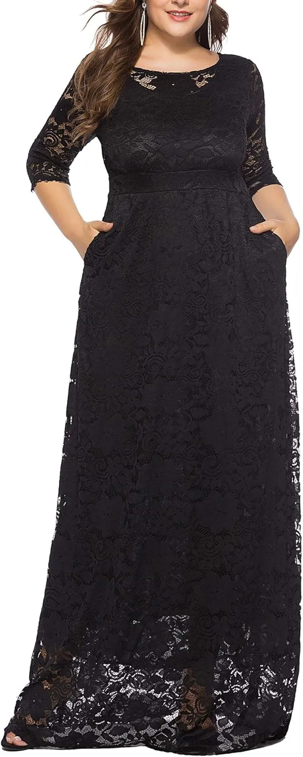 Eternatastic Women's Floral Lace 2/3 Sleeves Maxi Dress Plus Size Evening Party Dresses