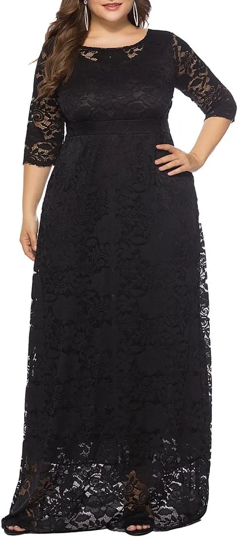 Eternatastic Women's Floral Lace 2/3 Sleeves Maxi Dress Plus Size Evening Party Dresses