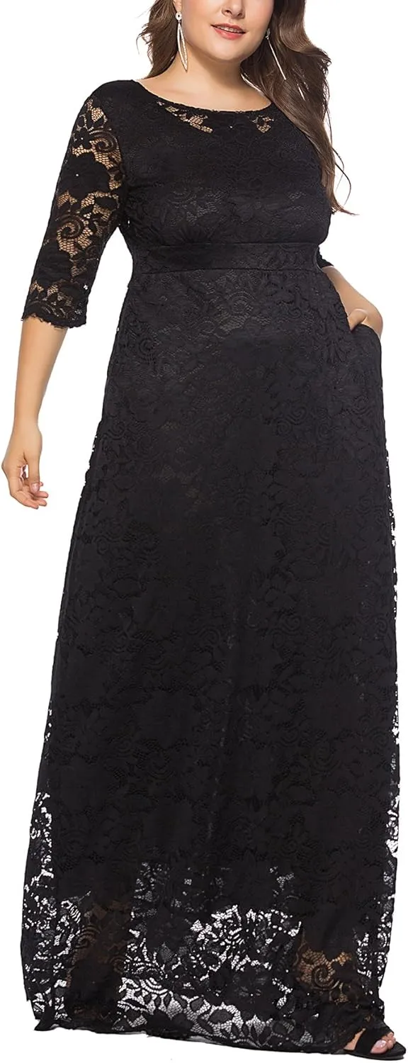 Eternatastic Women's Floral Lace 2/3 Sleeves Maxi Dress Plus Size Evening Party Dresses