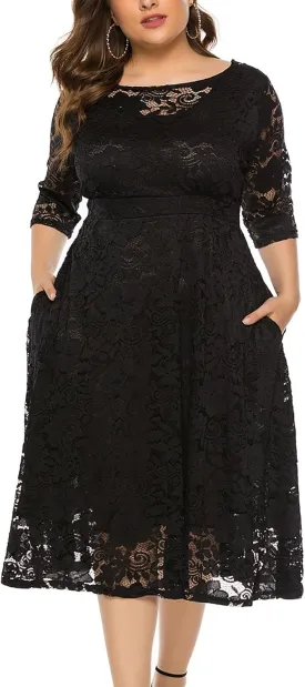 Eternatastic Womens Floral lace Plus Size Midi Dress Scooped Neckline Cocktail Party Dresses