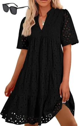 Eyelet Dress for Women 2025, Women's Elegant Hollow Out Lace Ruffle Casual Mini Dress, Summer Ruffle Hem Floral Lace Dresses