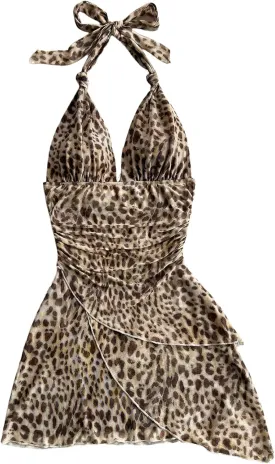 Floerns Women's Plus Size Cheetah Print Halter Dress Sleeveless Asymmetrical Hem Y2k Dress