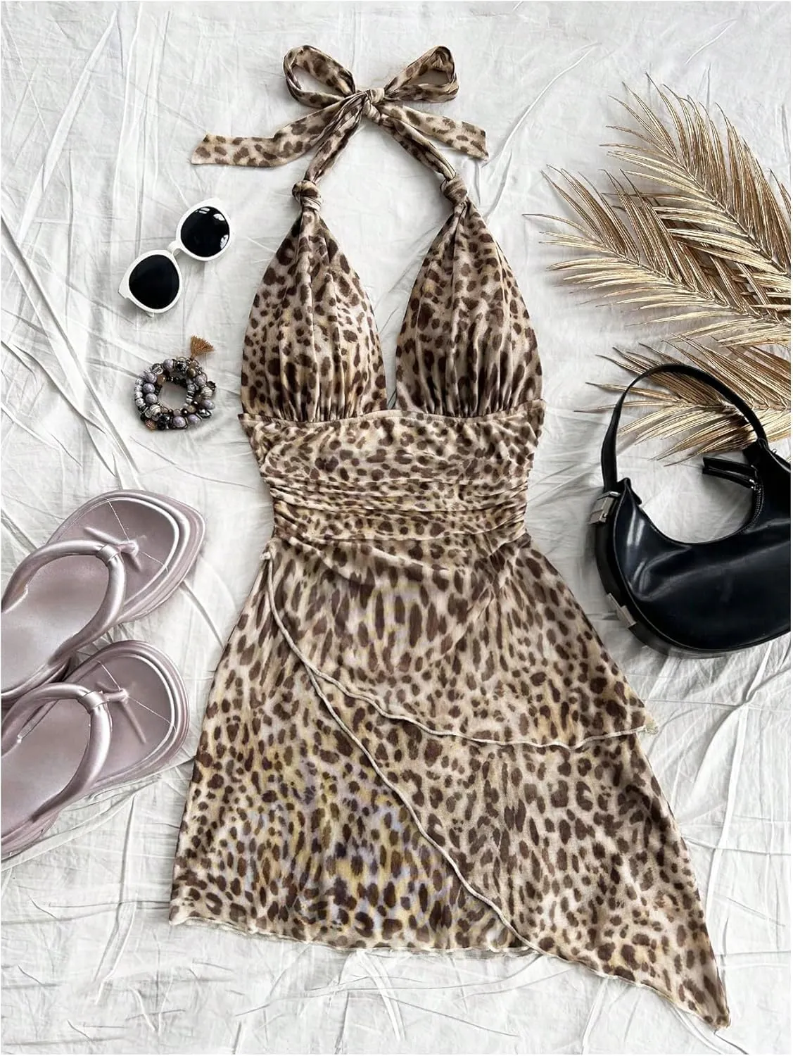 Floerns Women's Plus Size Cheetah Print Halter Dress Sleeveless Asymmetrical Hem Y2k Dress