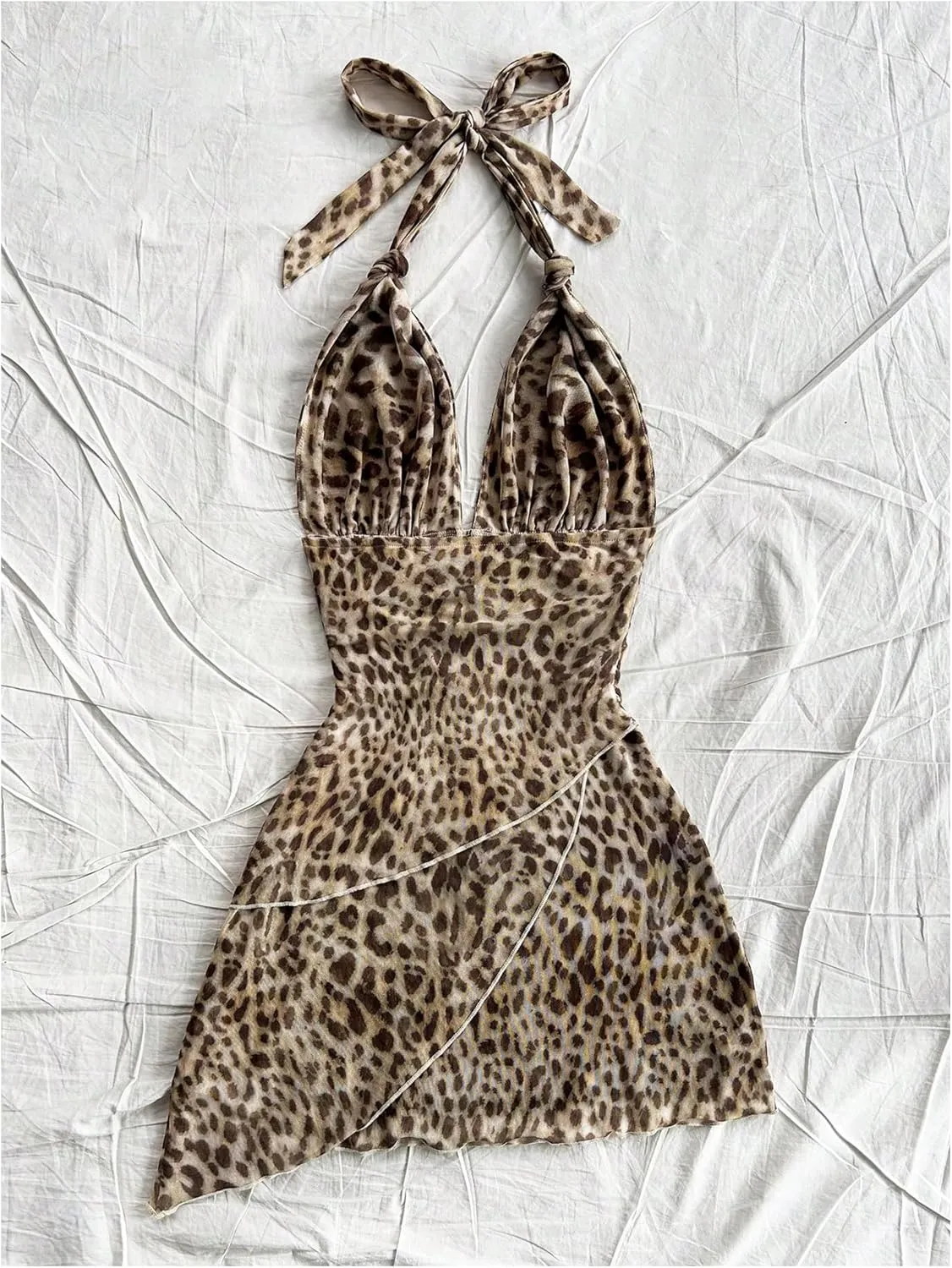 Floerns Women's Plus Size Cheetah Print Halter Dress Sleeveless Asymmetrical Hem Y2k Dress