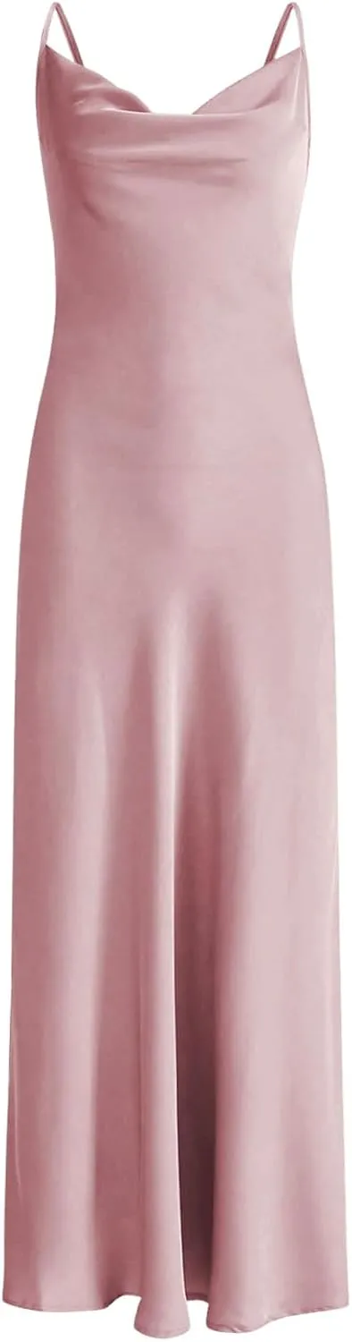 Floerns Women's Spaghetti Strap Cowl Neck Long Slip Satin Silk Midi Dress