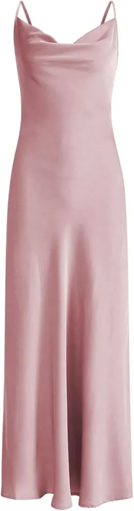 Floerns Women's Spaghetti Strap Cowl Neck Long Slip Satin Silk Midi Dress
