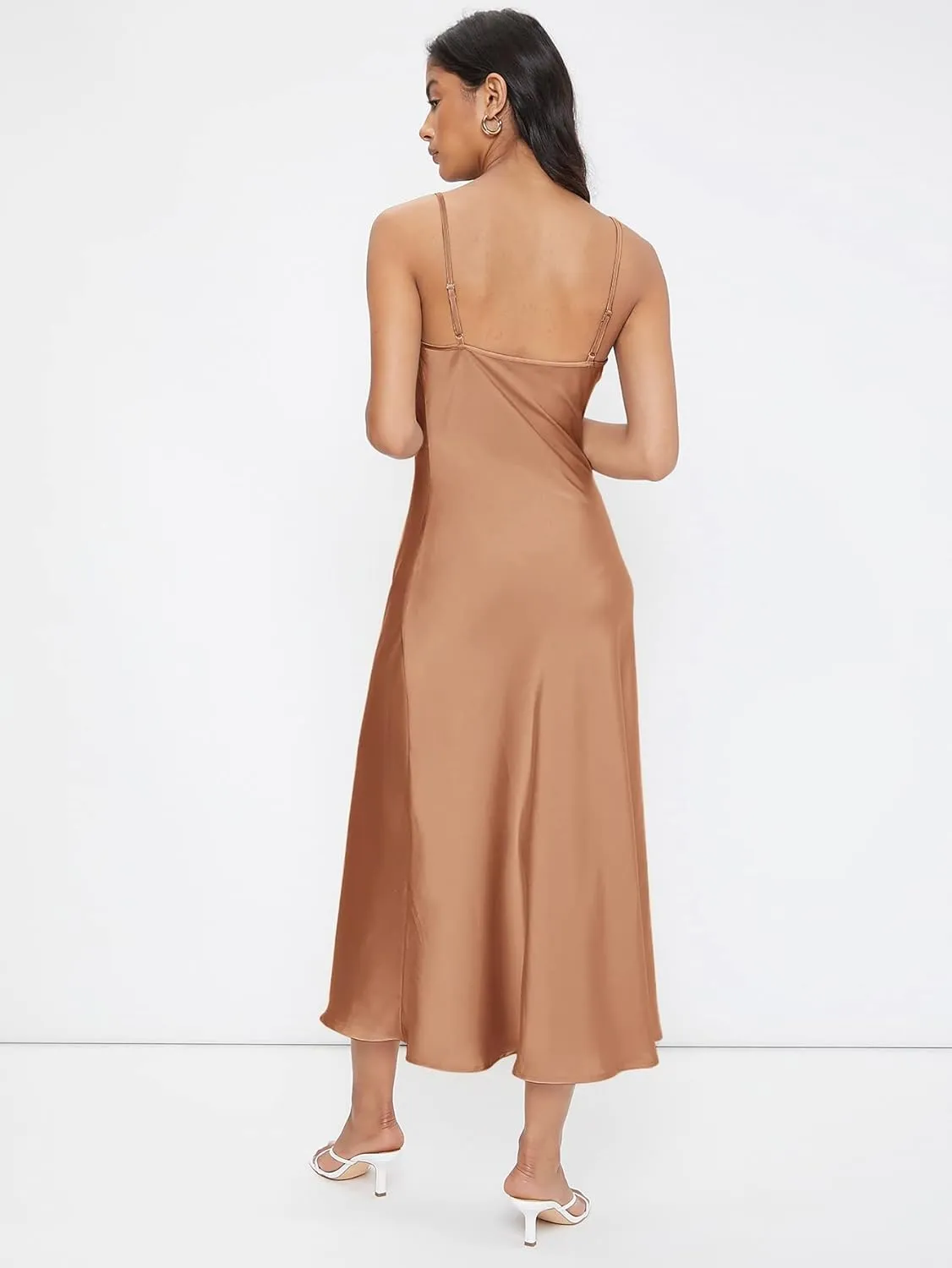 Floerns Women's Spaghetti Strap Cowl Neck Long Slip Satin Silk Midi Dress