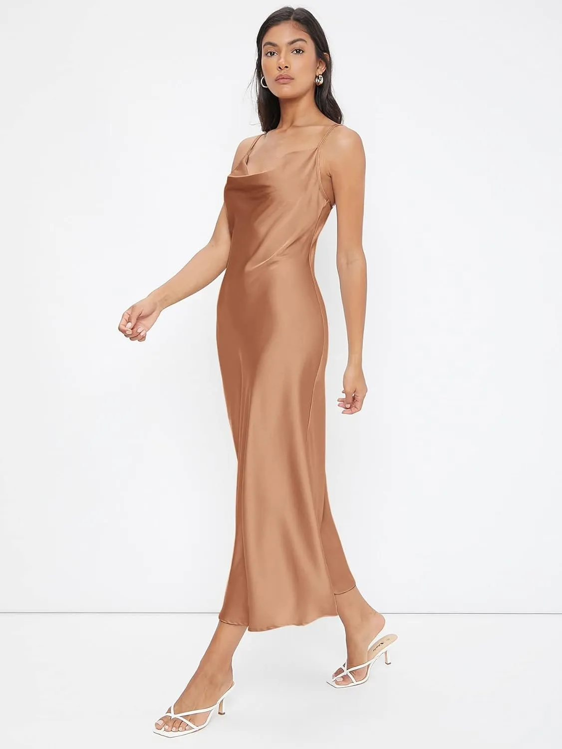 Floerns Women's Spaghetti Strap Cowl Neck Long Slip Satin Silk Midi Dress