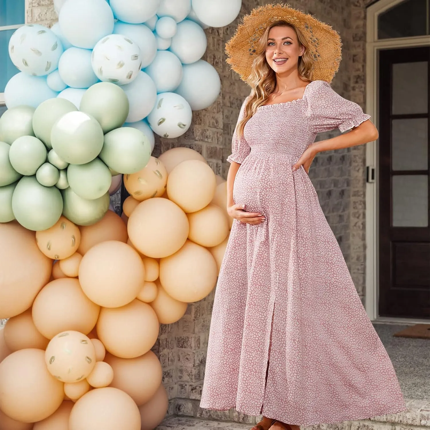 Floral Maternity Dress Square Neck Puff Sleeve Smocked Boho Photoshoot Baby Shower Pregnancy Dresses