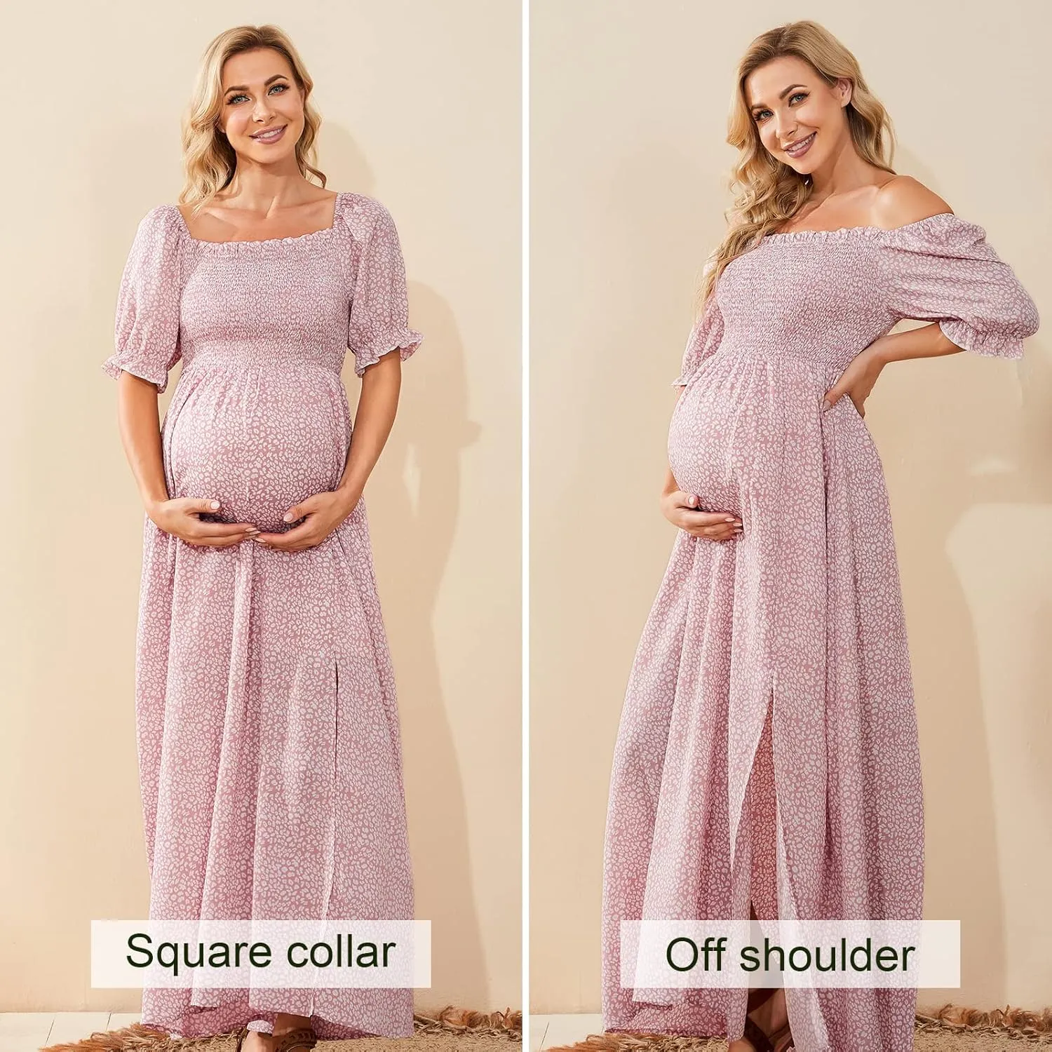 Floral Maternity Dress Square Neck Puff Sleeve Smocked Boho Photoshoot Baby Shower Pregnancy Dresses