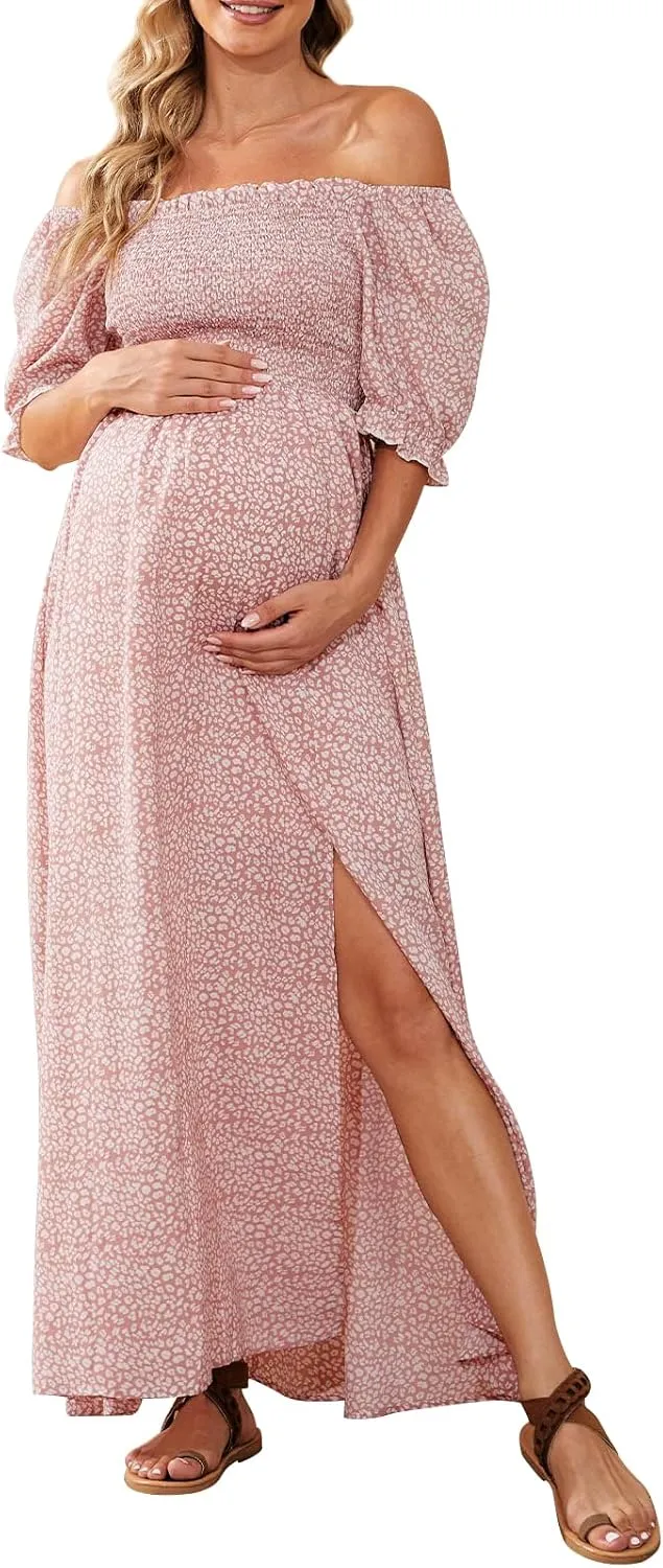Floral Maternity Dress Square Neck Puff Sleeve Smocked Boho Photoshoot Baby Shower Pregnancy Dresses