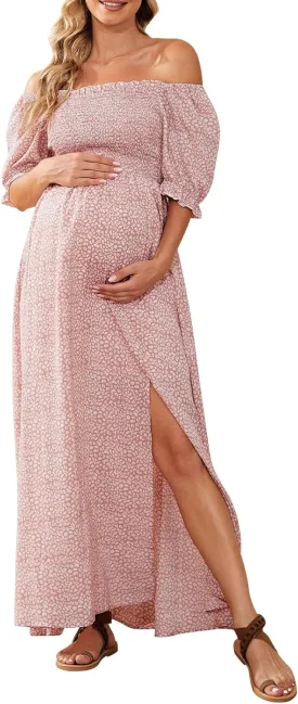 Floral Maternity Dress Square Neck Puff Sleeve Smocked Boho Photoshoot Baby Shower Pregnancy Dresses