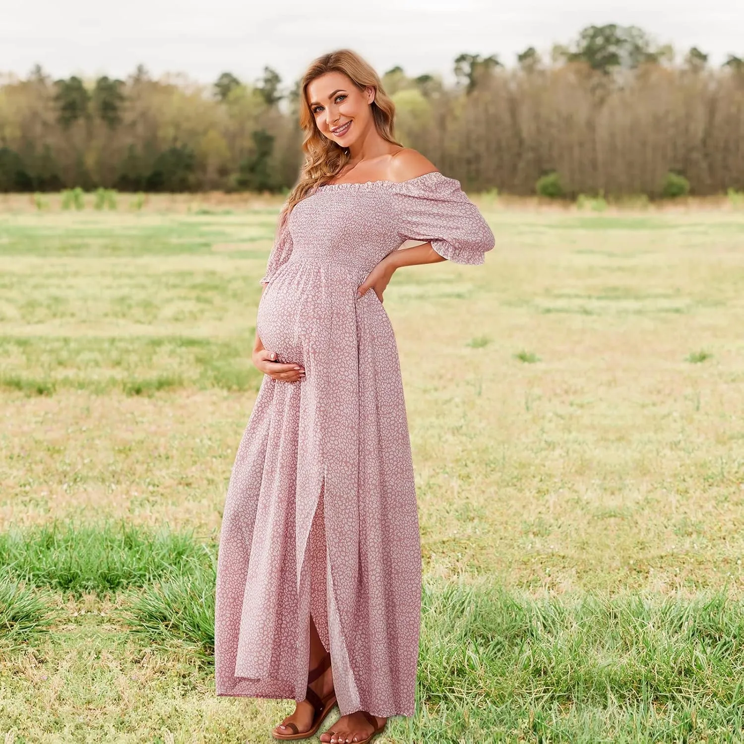 Floral Maternity Dress Square Neck Puff Sleeve Smocked Boho Photoshoot Baby Shower Pregnancy Dresses