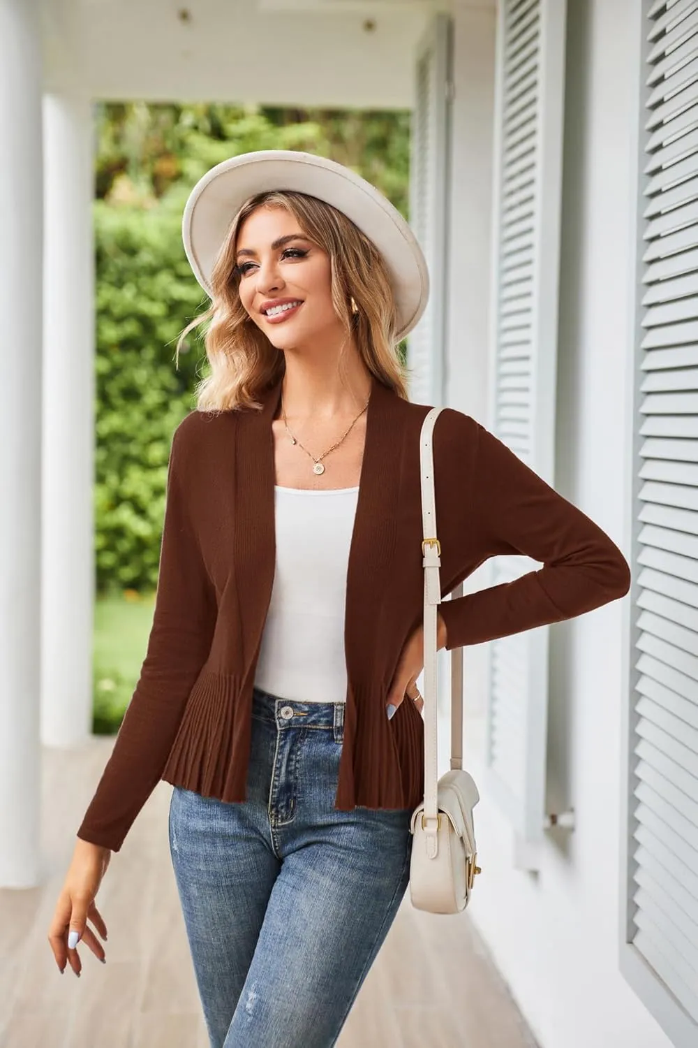 GRACE KARIN Women's Casual Draped Open Front Cropped Cardigan Long Sleeve Sweater Peplum Knit Outwear