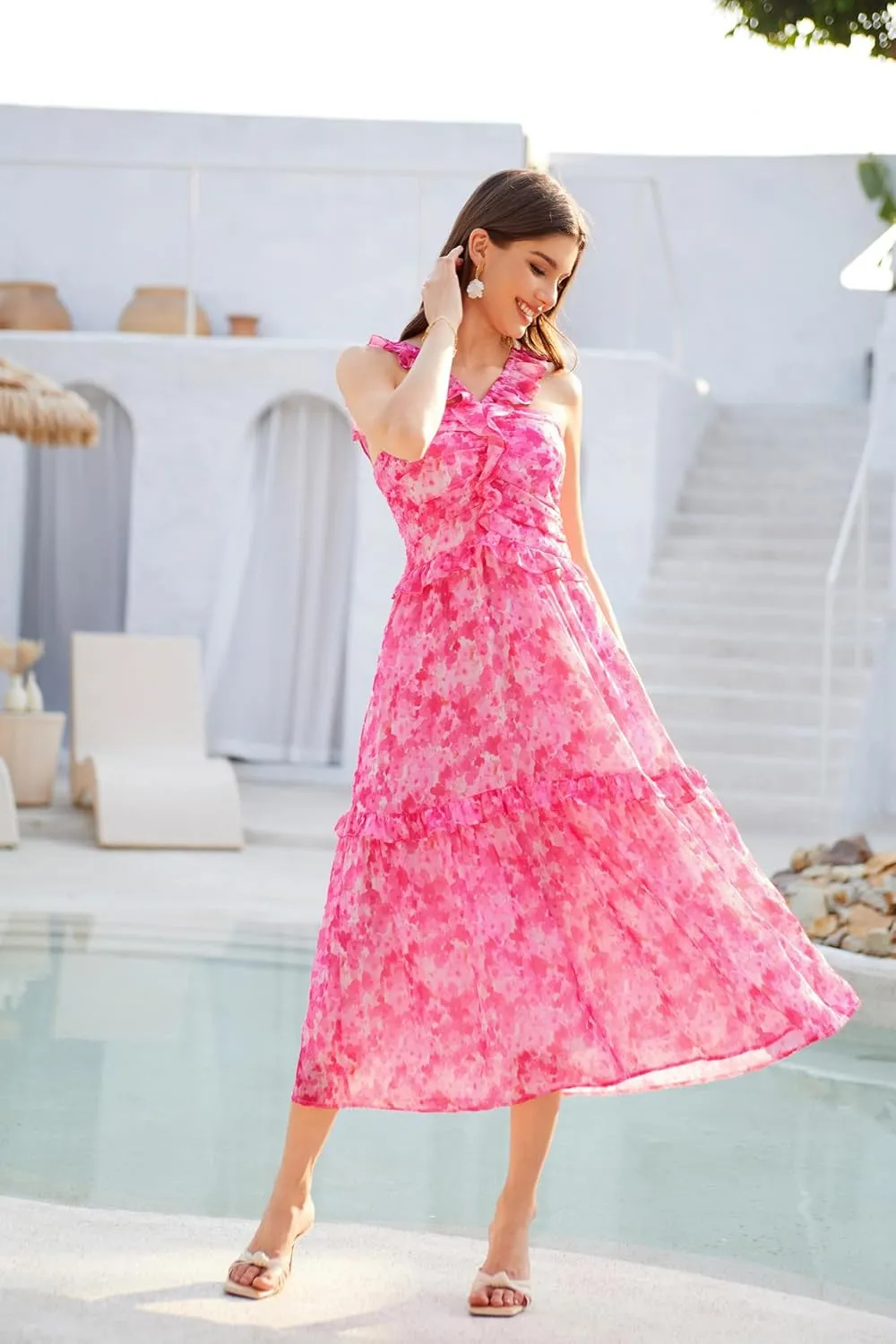 GRACE KARIN Womens Summer Boho Floral Tiered Dress Strap A Line Swing Flowy Midi Dress Ruffle Beach Wedding Guest Dress
