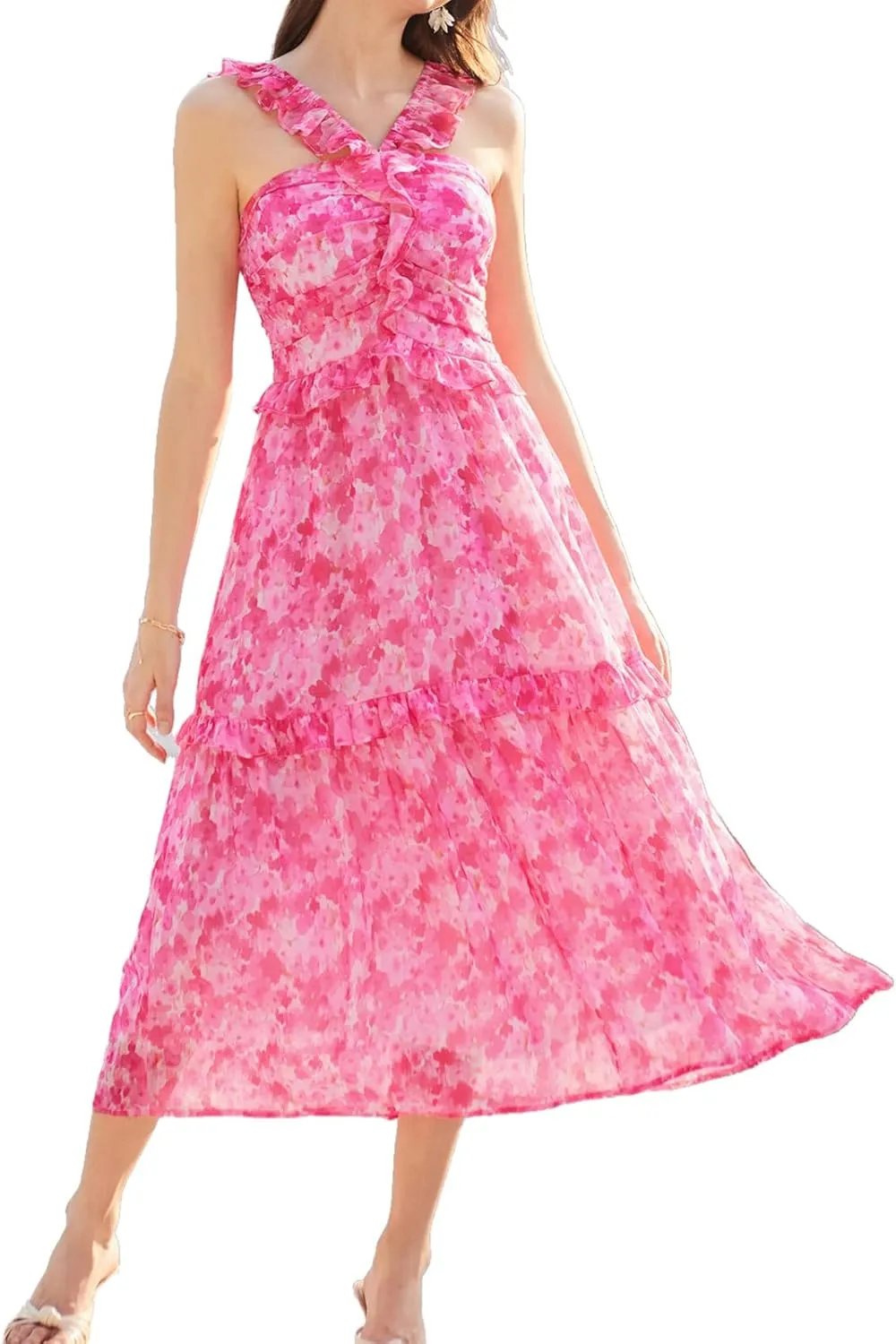 GRACE KARIN Womens Summer Boho Floral Tiered Dress Strap A Line Swing Flowy Midi Dress Ruffle Beach Wedding Guest Dress