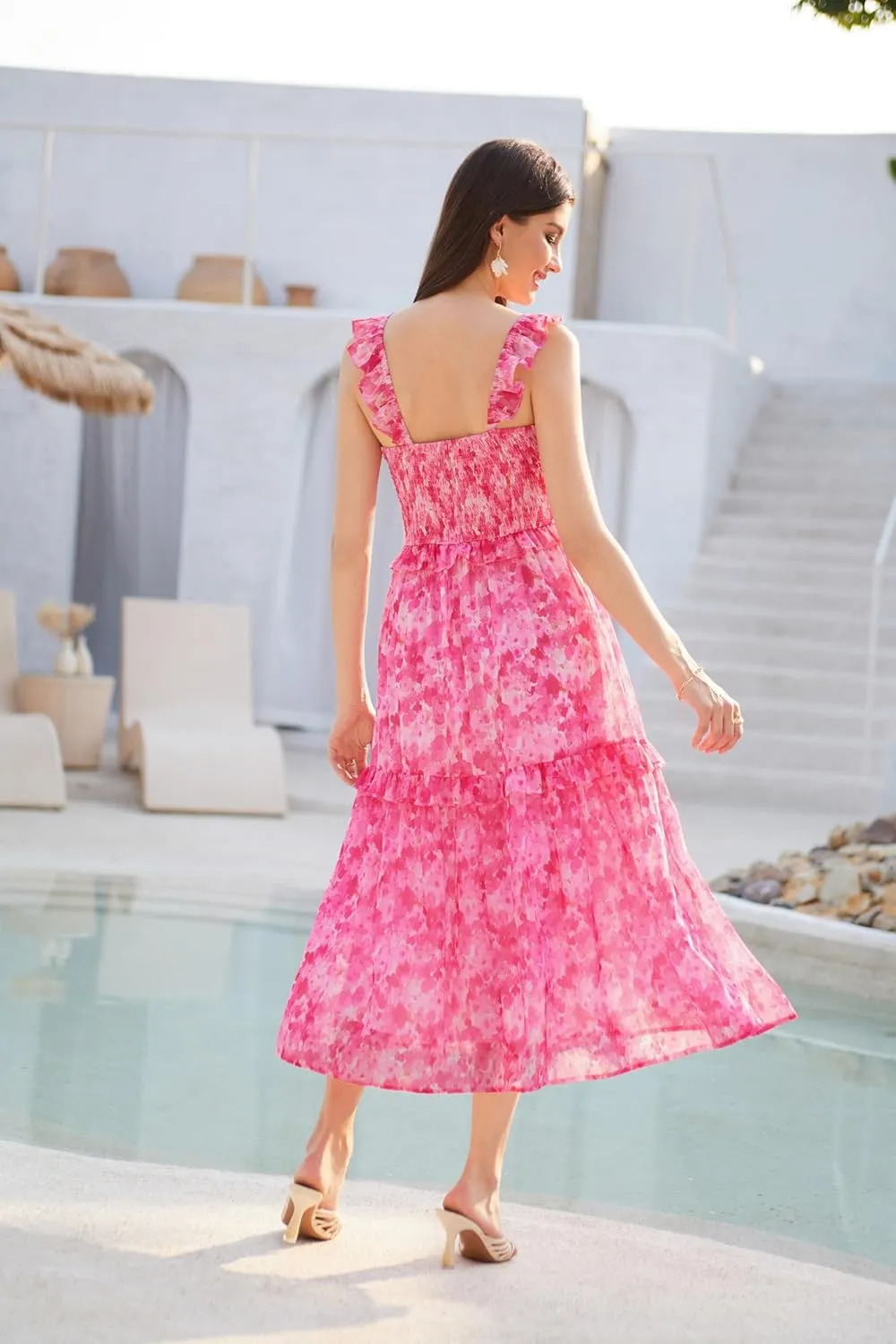 GRACE KARIN Womens Summer Boho Floral Tiered Dress Strap A Line Swing Flowy Midi Dress Ruffle Beach Wedding Guest Dress
