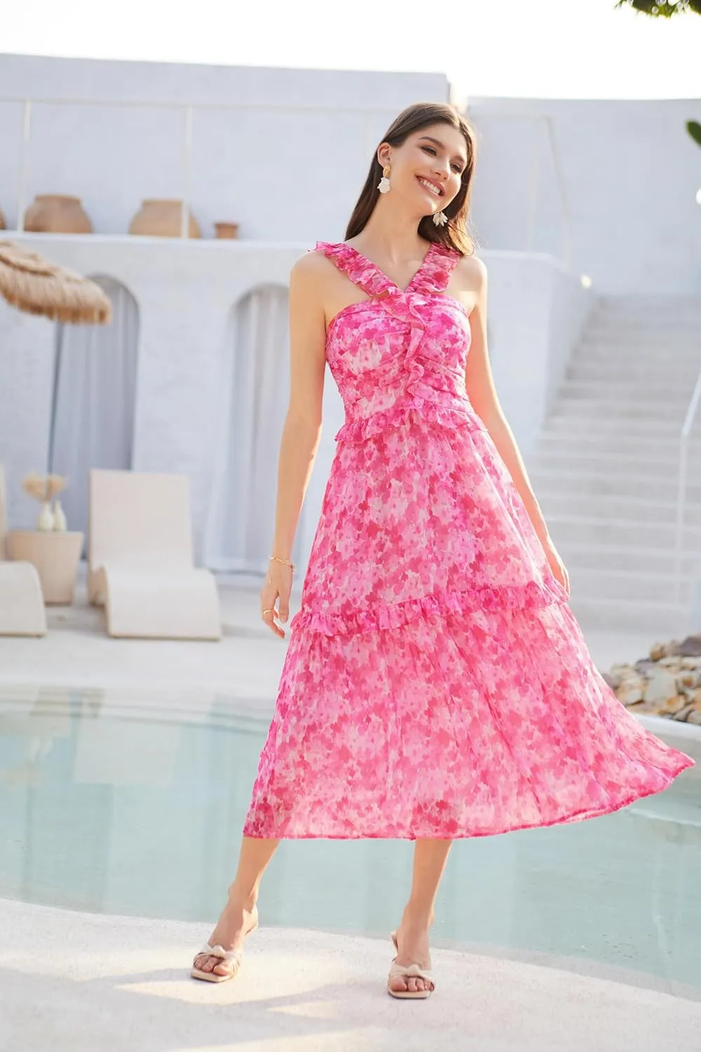 GRACE KARIN Womens Summer Boho Floral Tiered Dress Strap A Line Swing Flowy Midi Dress Ruffle Beach Wedding Guest Dress
