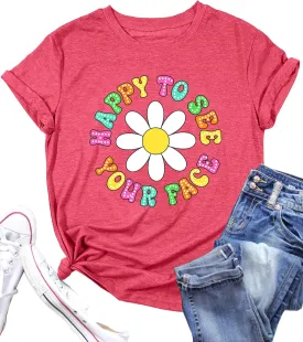 Happy to See Your Face Shirt: Women Funny Teacher T-Shirt First Day of School Shirts Groovy Back to School Tee Top